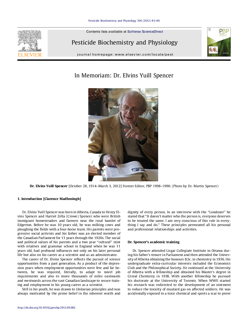In Memoriam: Dr. Elvins Yuill Spencer