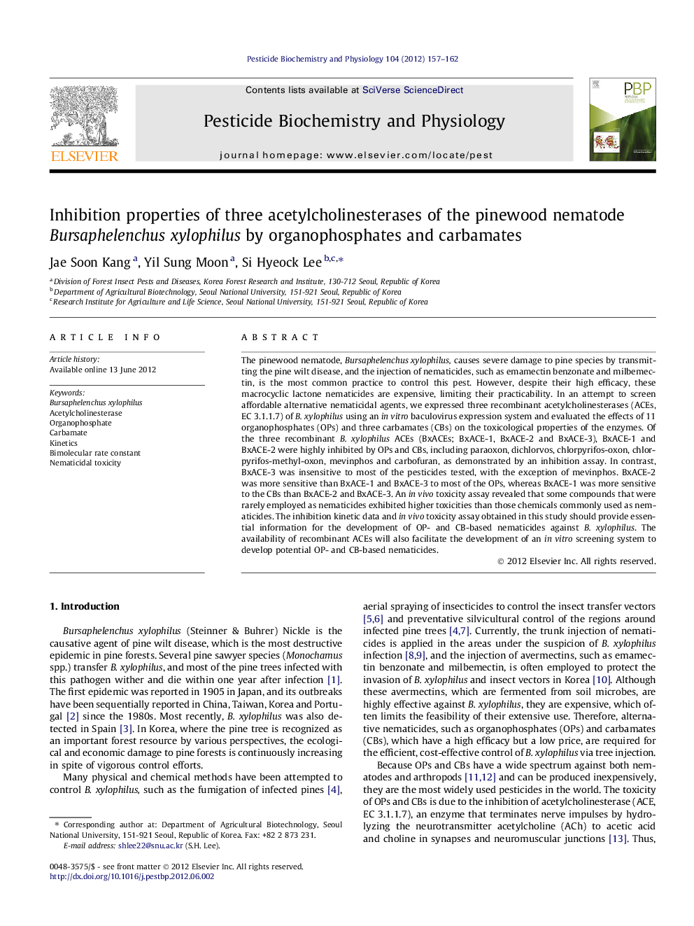 Inhibition properties of three acetylcholinesterases of the pinewood nematode Bursaphelenchus xylophilus by organophosphates and carbamates