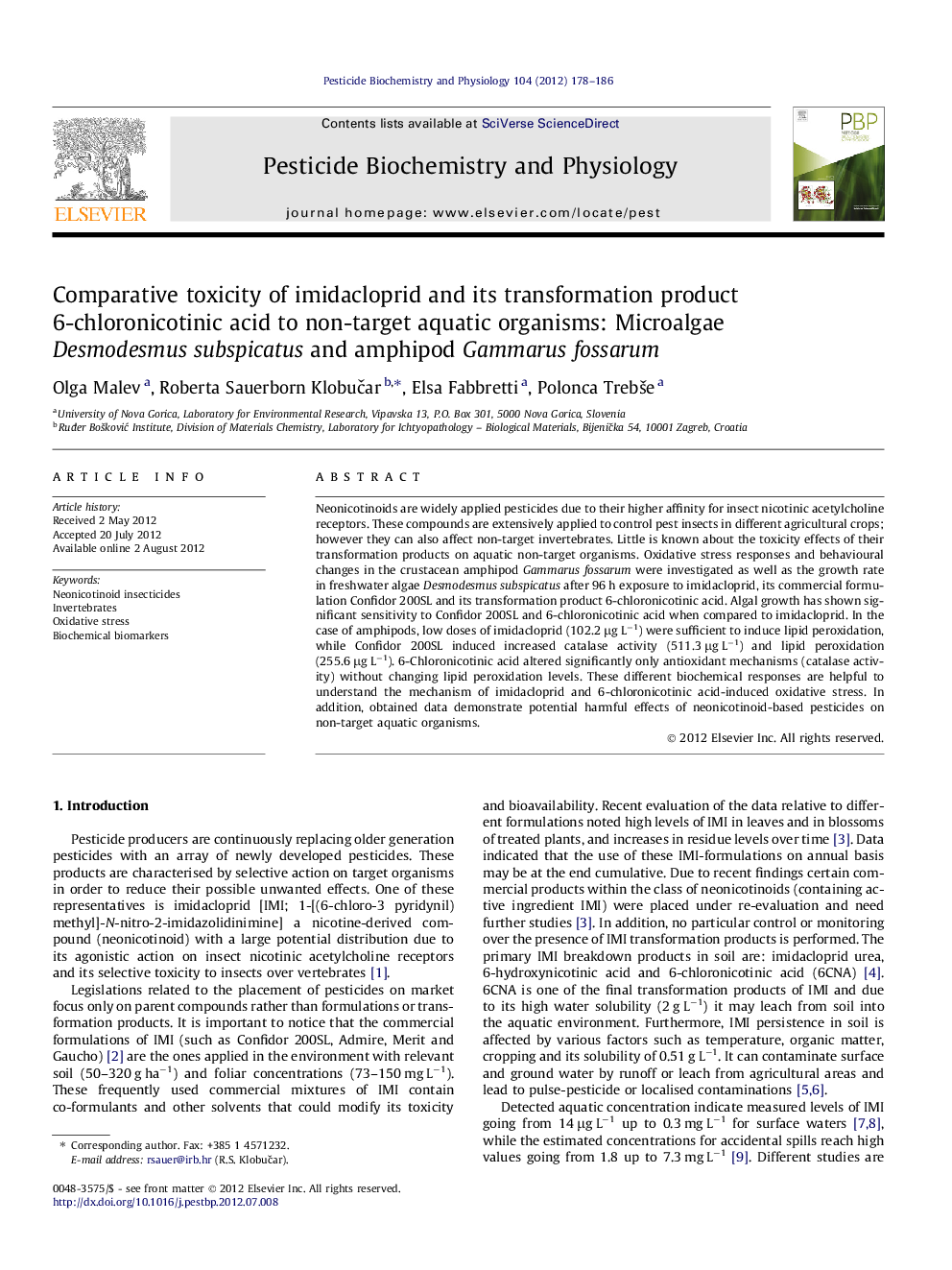 Comparative toxicity of imidacloprid and its transformation product 6-chloronicotinic acid to non-target aquatic organisms: Microalgae Desmodesmus subspicatus and amphipod Gammarus fossarum