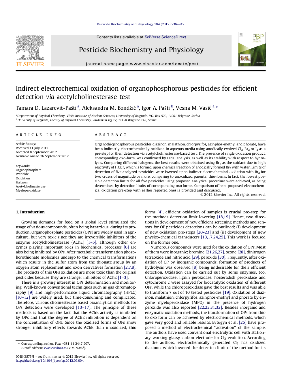 Indirect electrochemical oxidation of organophosphorous pesticides for efficient detection via acetylcholinesterase test