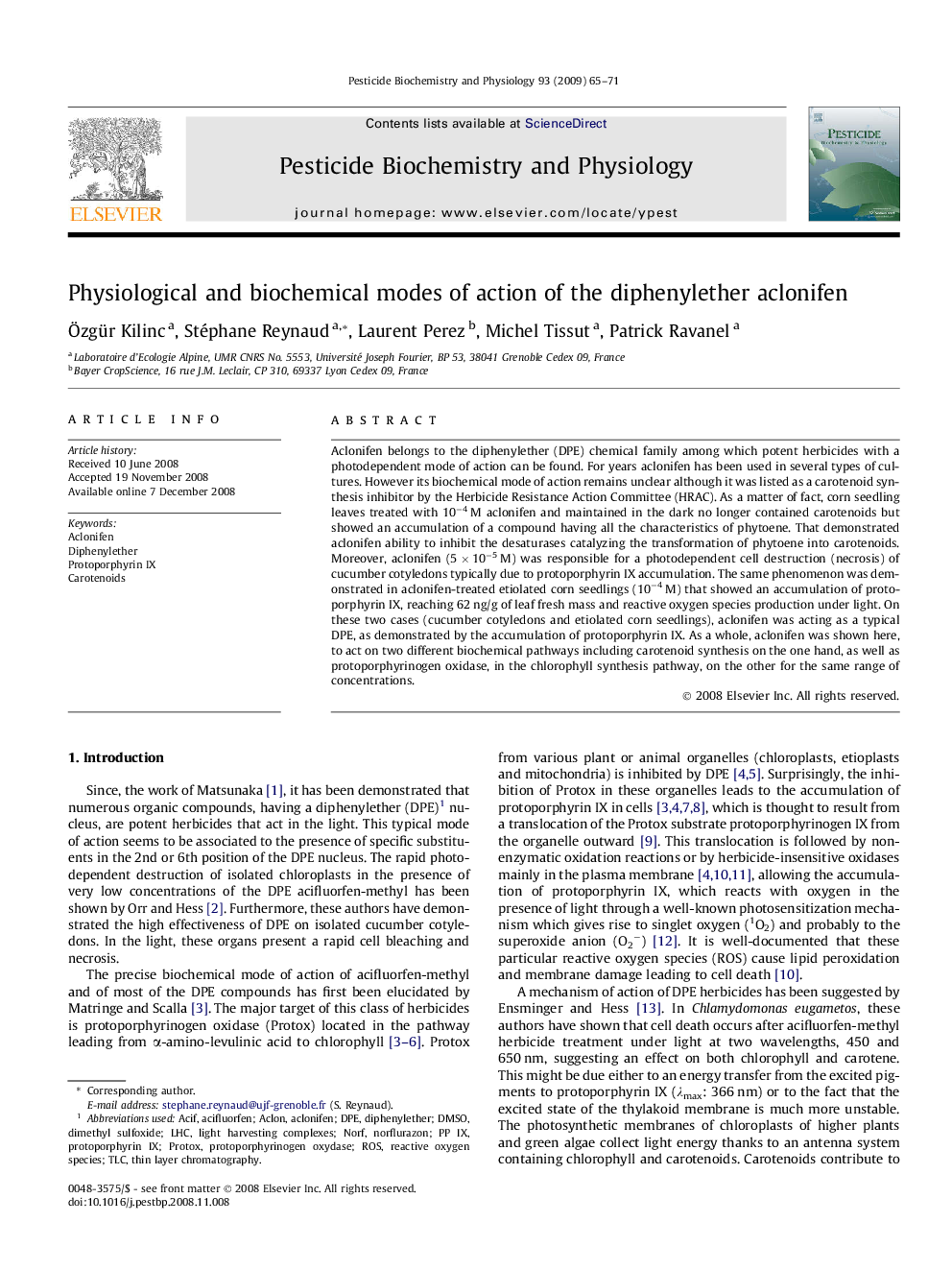 Physiological and biochemical modes of action of the diphenylether aclonifen