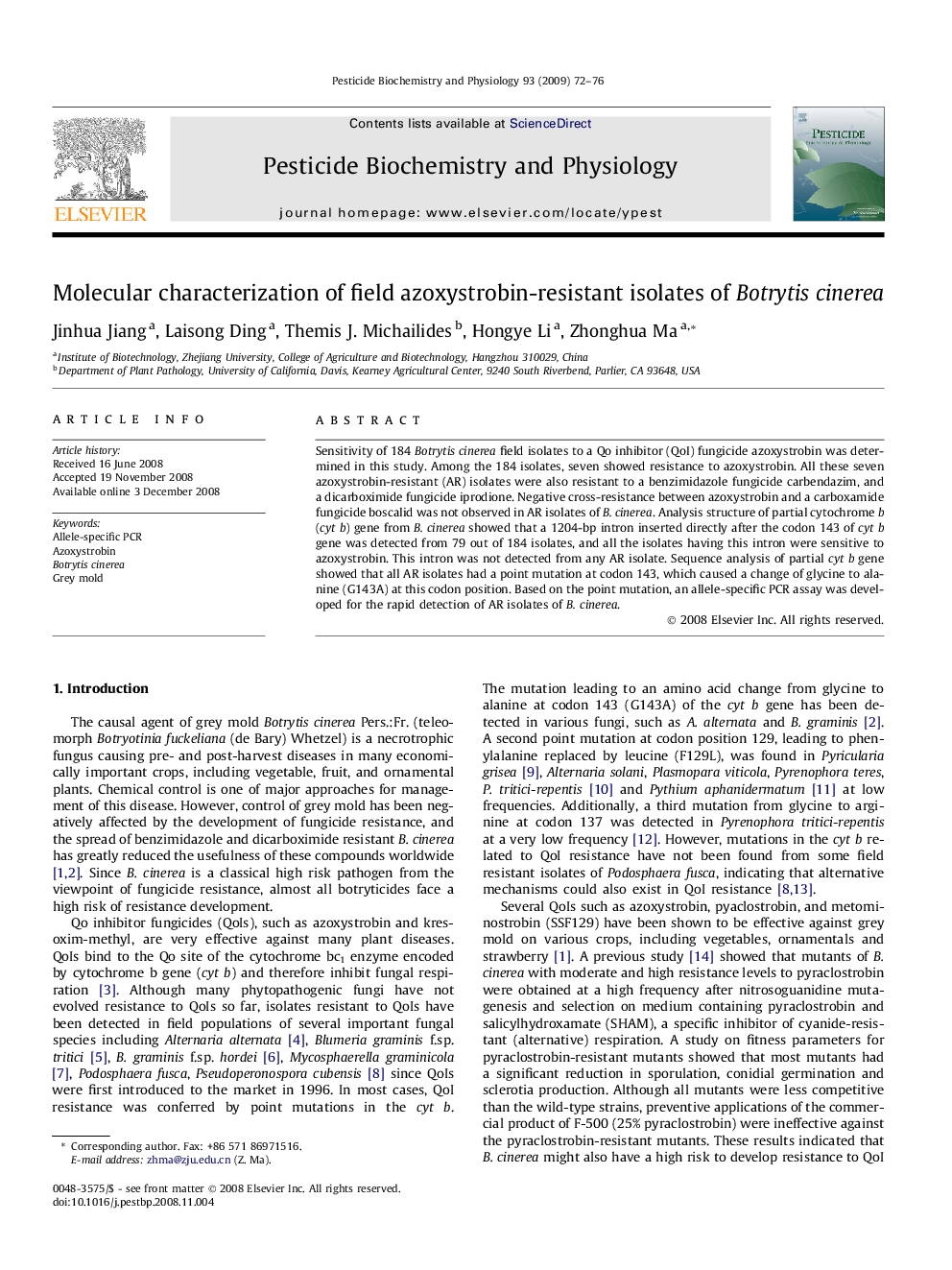 Molecular characterization of field azoxystrobin-resistant isolates of Botrytis cinerea