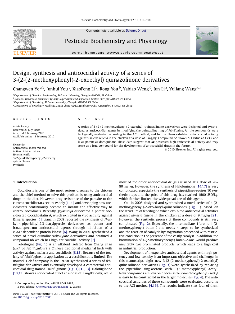 Design, synthesis and anticoccidial activity of a series of 3-(2-(2-methoxyphenyl)-2-oxoethyl) quinazolinone derivatives