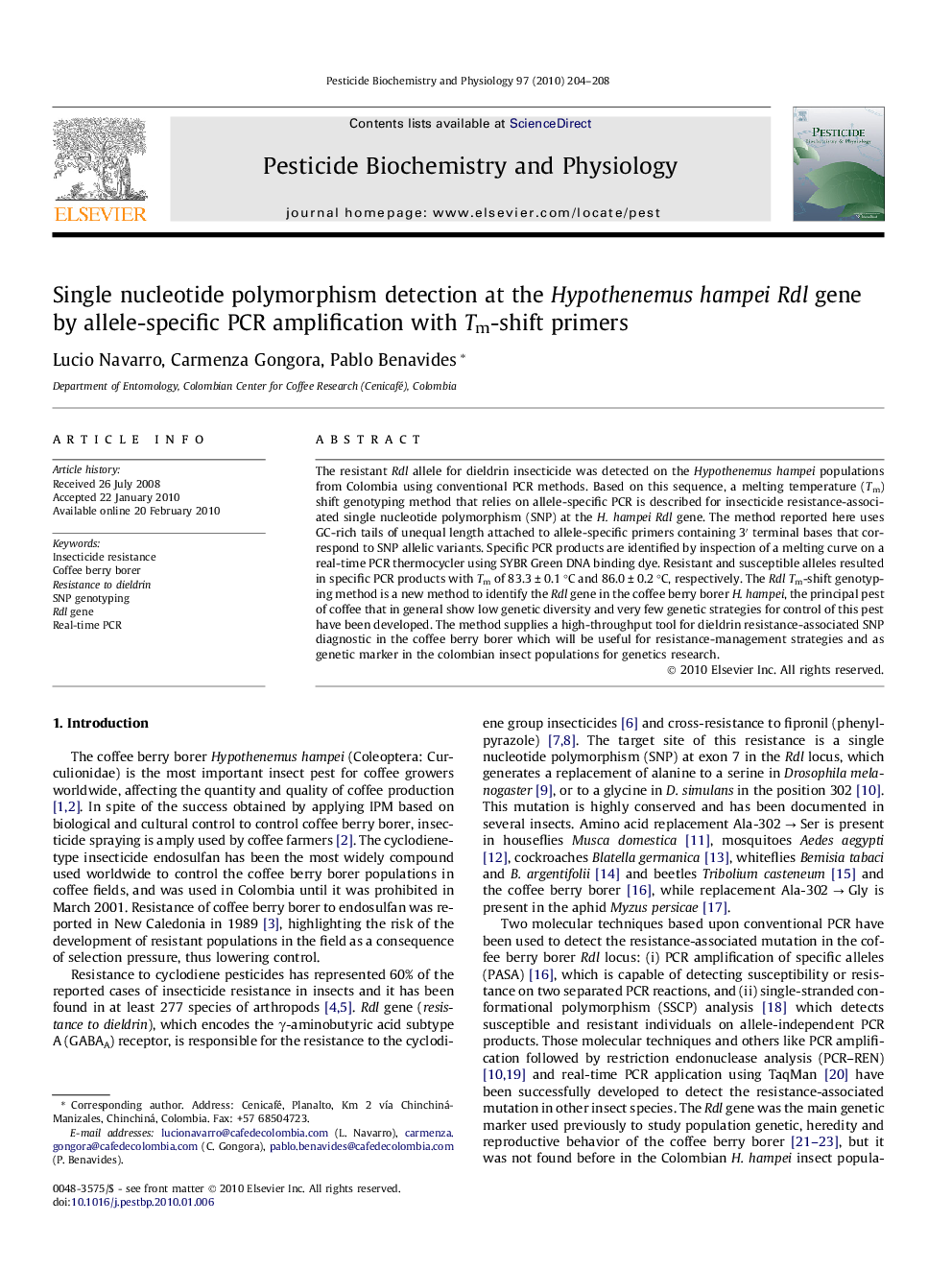 Single nucleotide polymorphism detection at the Hypothenemus hampei Rdl gene by allele-specific PCR amplification with Tm-shift primers