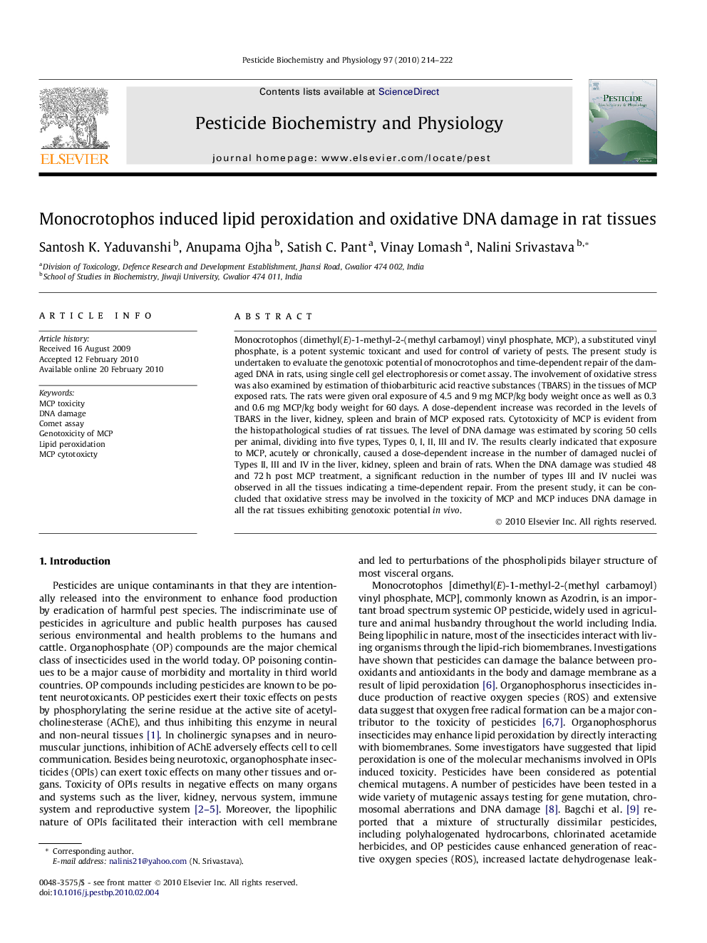 Monocrotophos induced lipid peroxidation and oxidative DNA damage in rat tissues