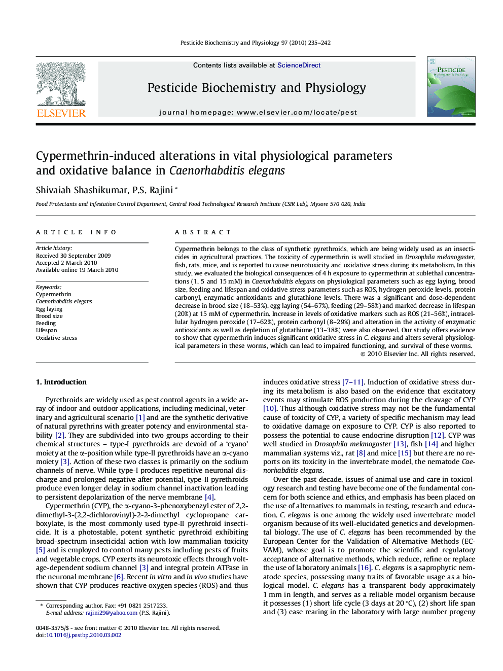 Cypermethrin-induced alterations in vital physiological parameters and oxidative balance in Caenorhabditis elegans