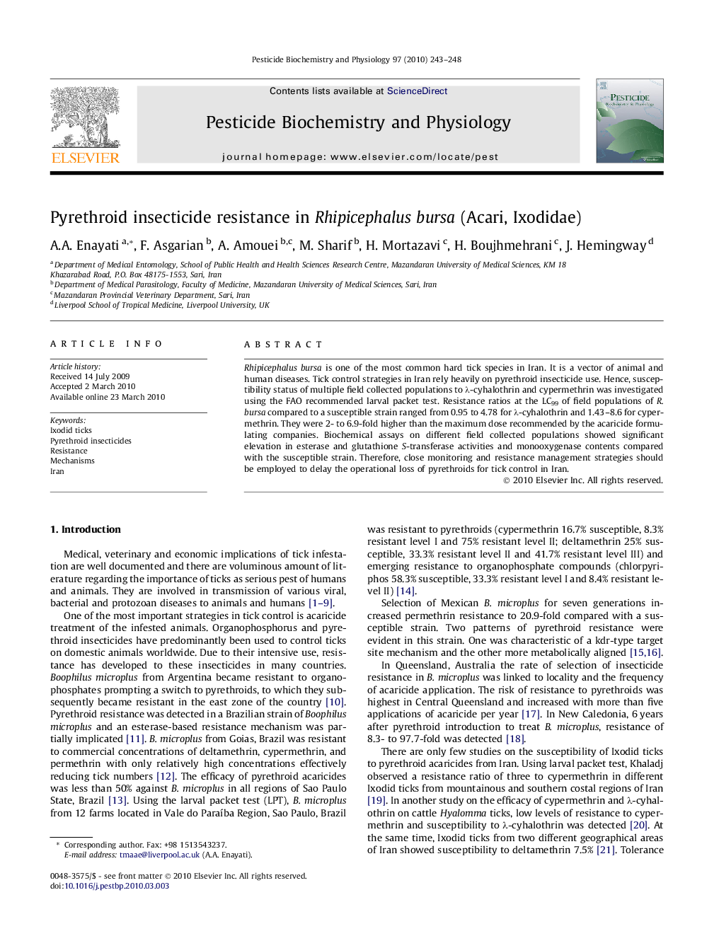 Pyrethroid insecticide resistance in Rhipicephalus bursa (Acari, Ixodidae)