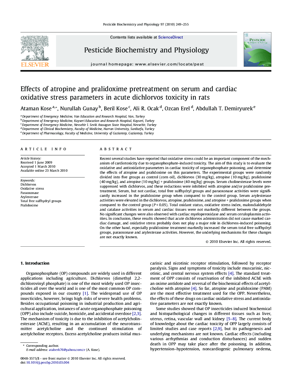 Effects of atropine and pralidoxime pretreatment on serum and cardiac oxidative stress parameters in acute dichlorvos toxicity in rats