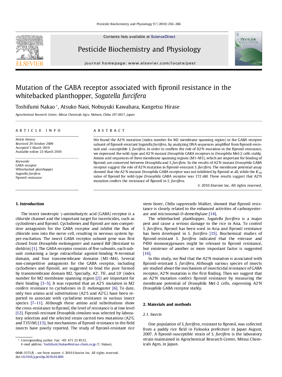 Mutation of the GABA receptor associated with fipronil resistance in the whitebacked planthopper, Sogatella furcifera