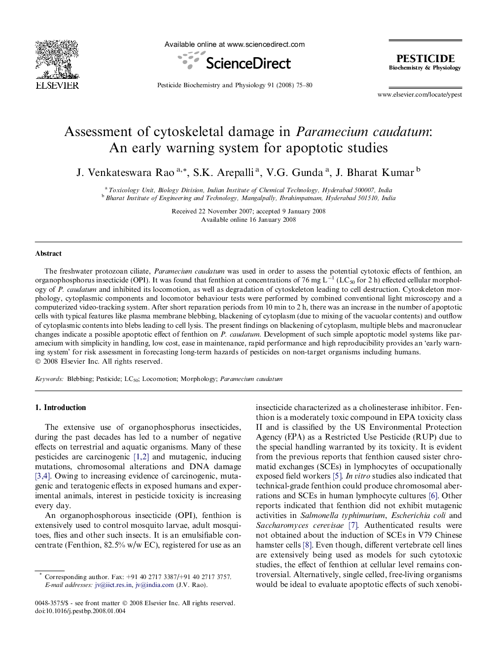 Assessment of cytoskeletal damage in Paramecium caudatum: An early warning system for apoptotic studies