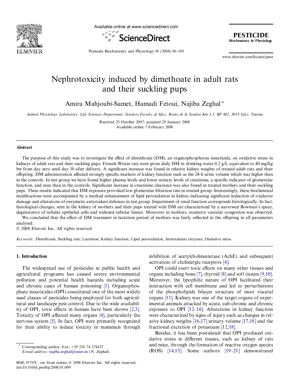 Nephrotoxicity induced by dimethoate in adult rats and their suckling pups