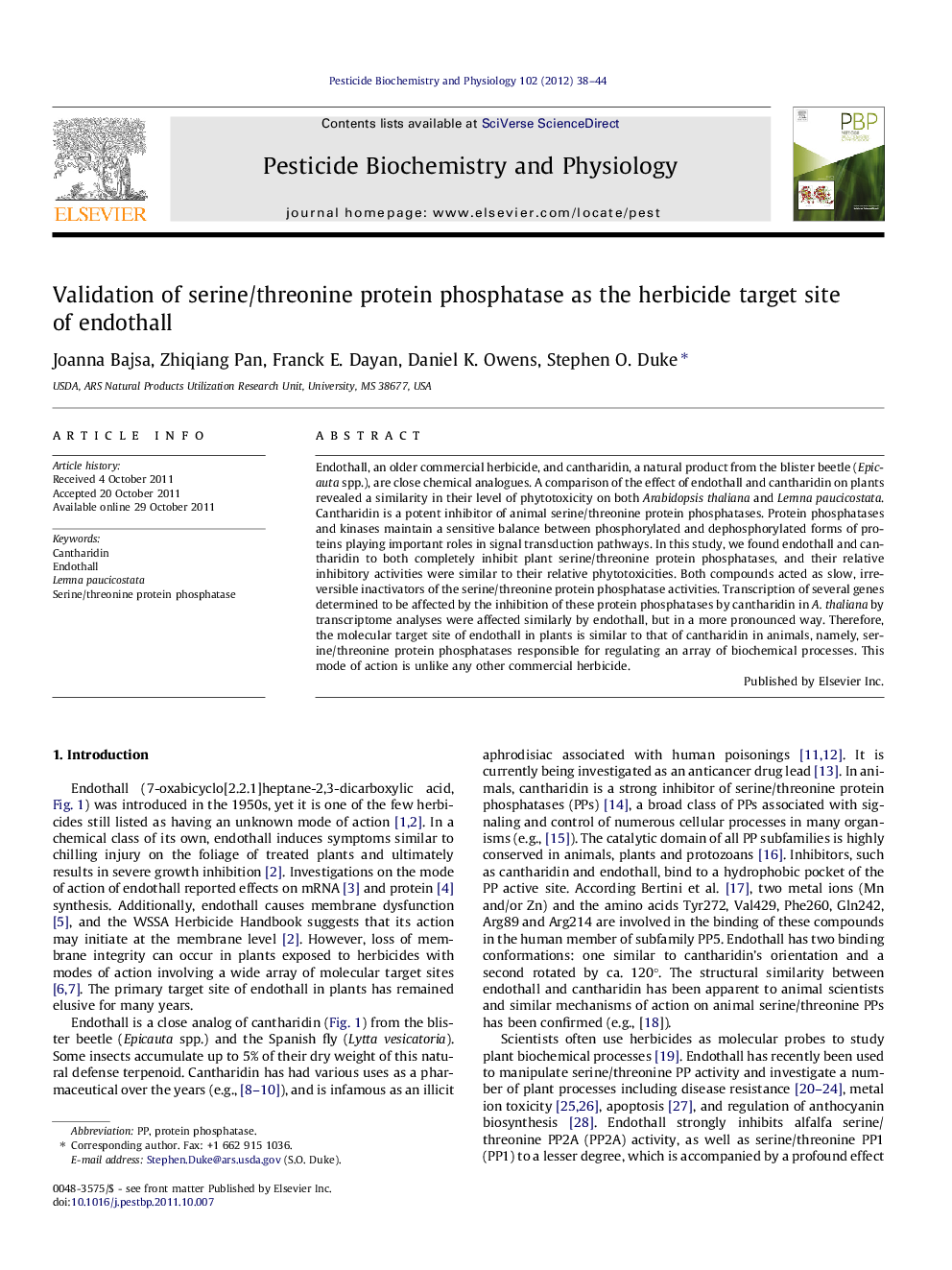 Validation of serine/threonine protein phosphatase as the herbicide target site of endothall