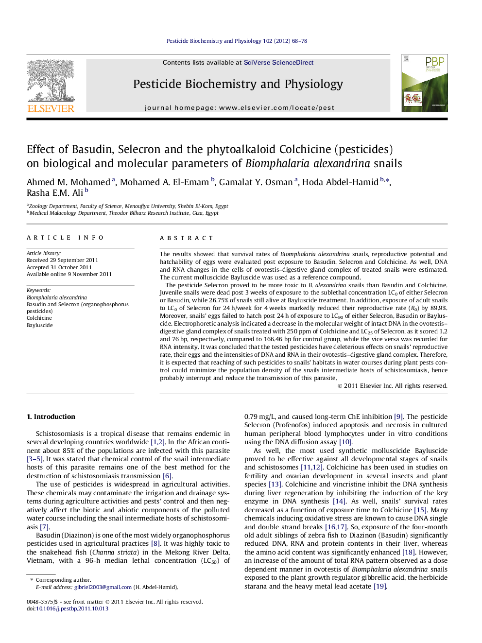 Effect of Basudin, Selecron and the phytoalkaloid Colchicine (pesticides) on biological and molecular parameters of Biomphalaria alexandrina snails