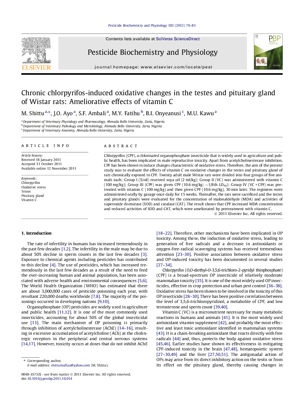 Chronic chlorpyrifos-induced oxidative changes in the testes and pituitary gland of Wistar rats: Ameliorative effects of vitamin C