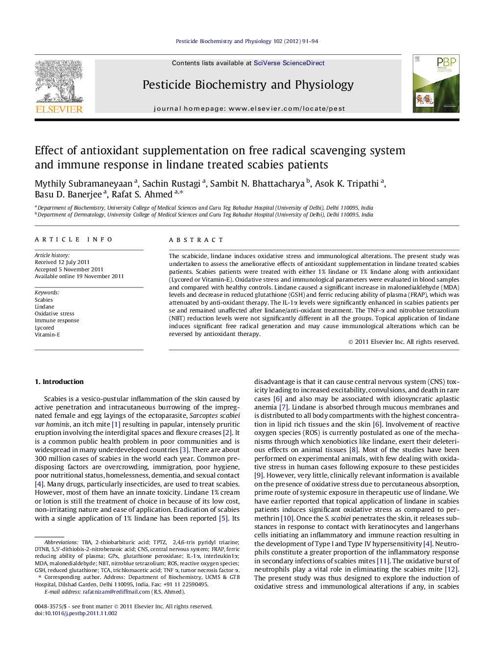 Effect of antioxidant supplementation on free radical scavenging system and immune response in lindane treated scabies patients