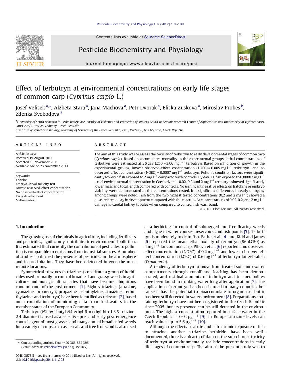 Effect of terbutryn at environmental concentrations on early life stages of common carp (Cyprinus carpio L.)