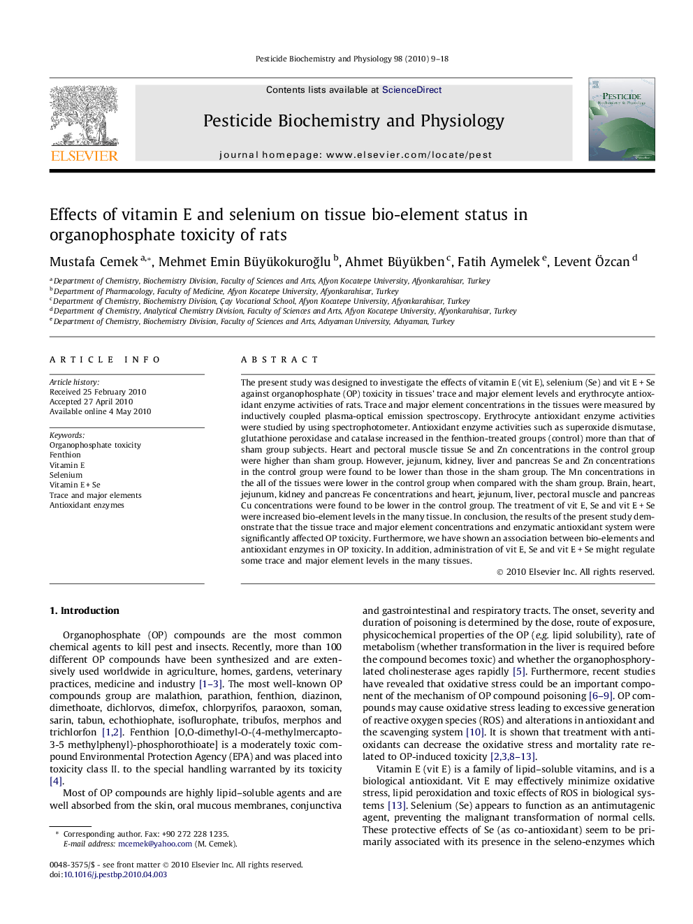 Effects of vitamin E and selenium on tissue bio-element status in organophosphate toxicity of rats