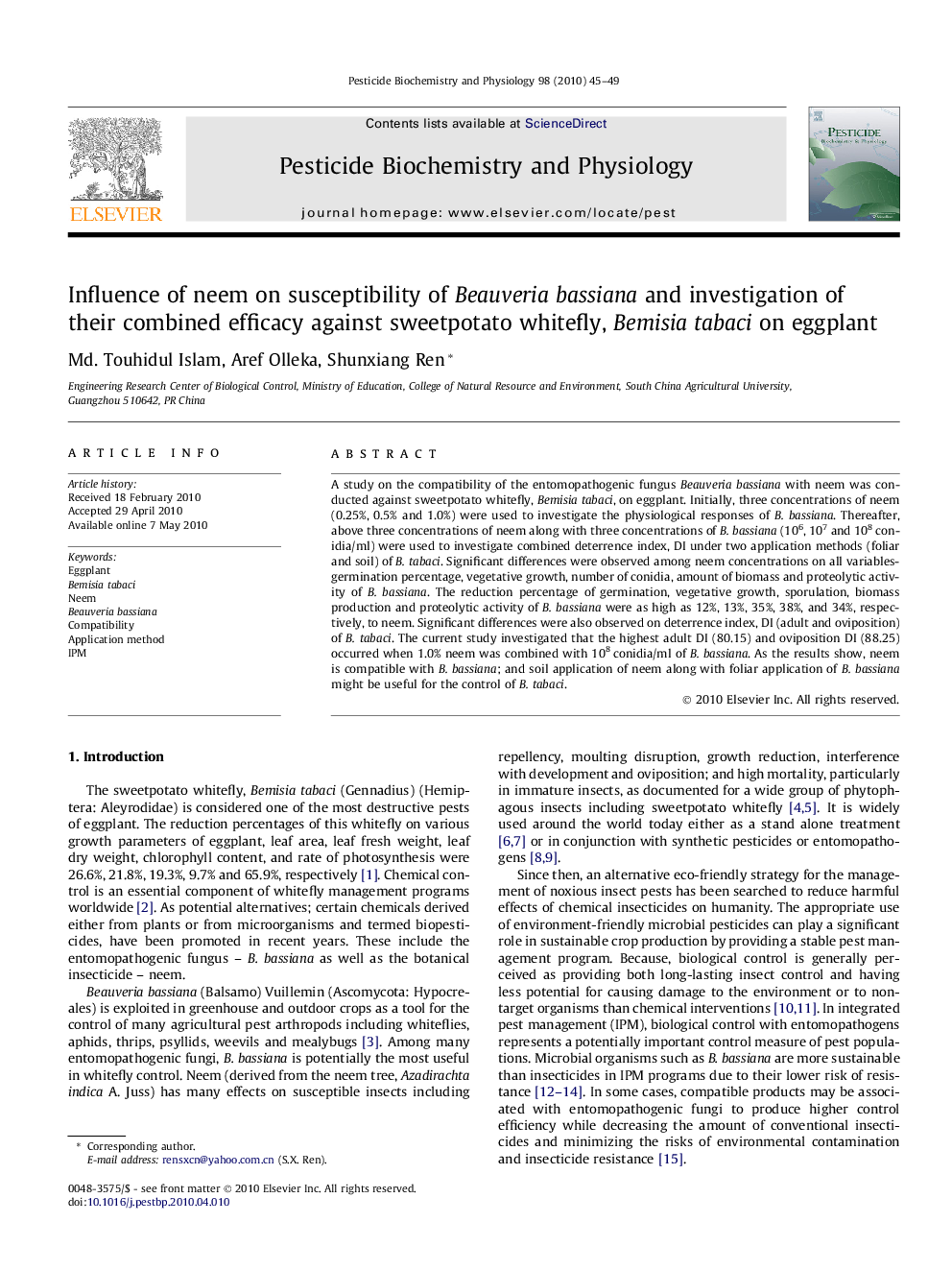 Influence of neem on susceptibility of Beauveria bassiana and investigation of their combined efficacy against sweetpotato whitefly, Bemisia tabaci on eggplant