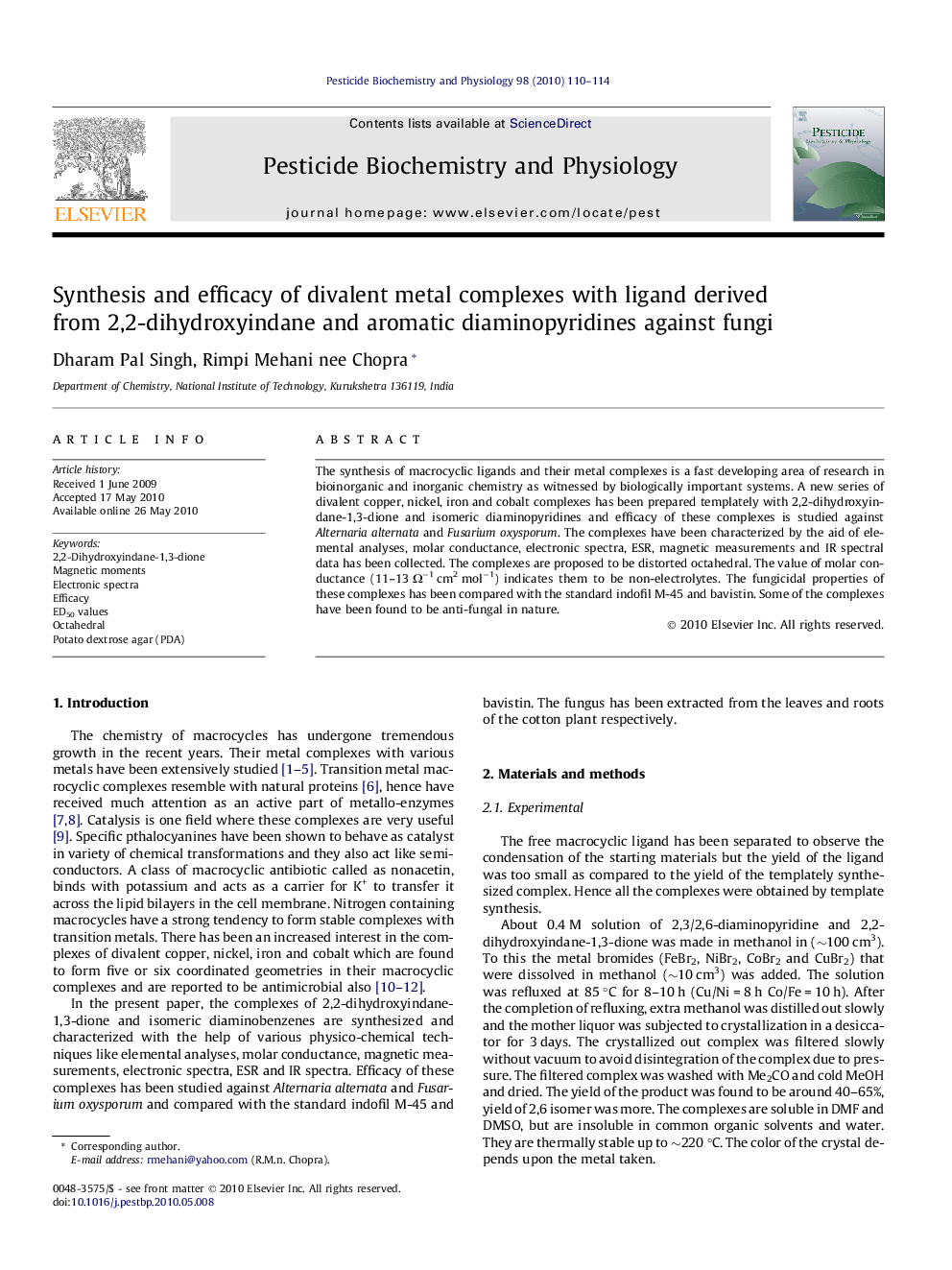 Synthesis and efficacy of divalent metal complexes with ligand derived from 2,2-dihydroxyindane and aromatic diaminopyridines against fungi