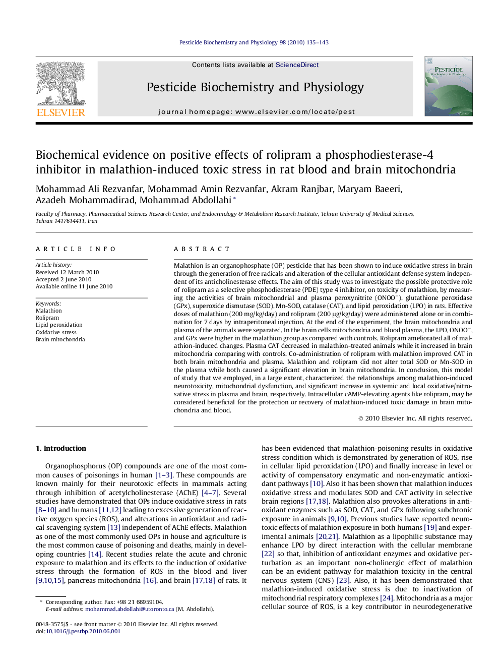 Biochemical evidence on positive effects of rolipram a phosphodiesterase-4 inhibitor in malathion-induced toxic stress in rat blood and brain mitochondria