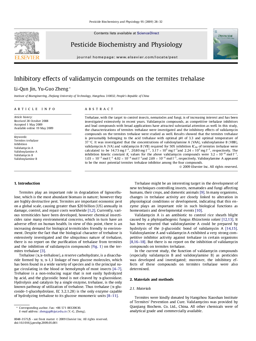 Inhibitory effects of validamycin compounds on the termites trehalase