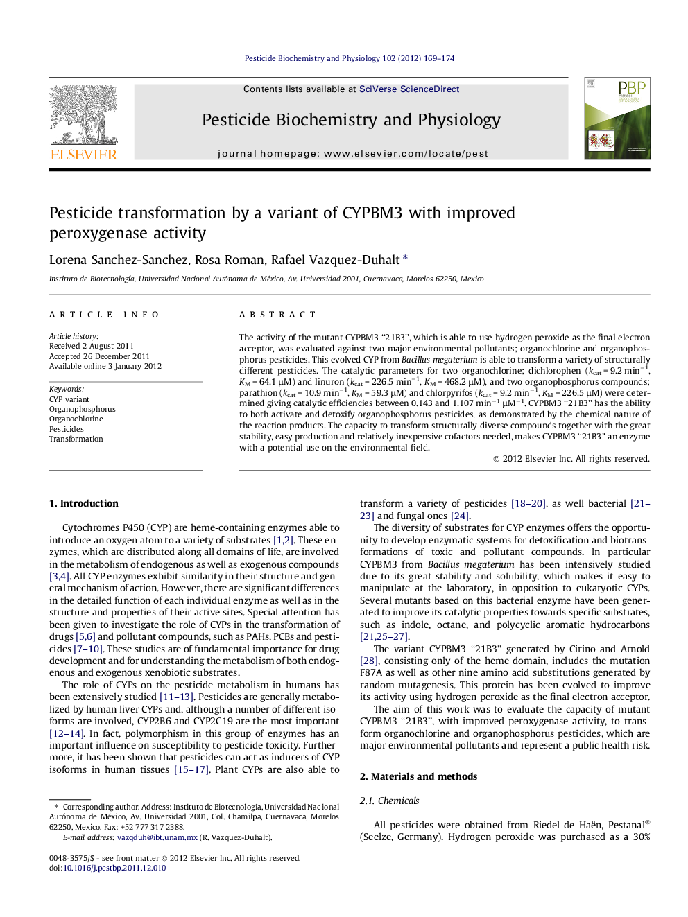 Pesticide transformation by a variant of CYPBM3 with improved peroxygenase activity