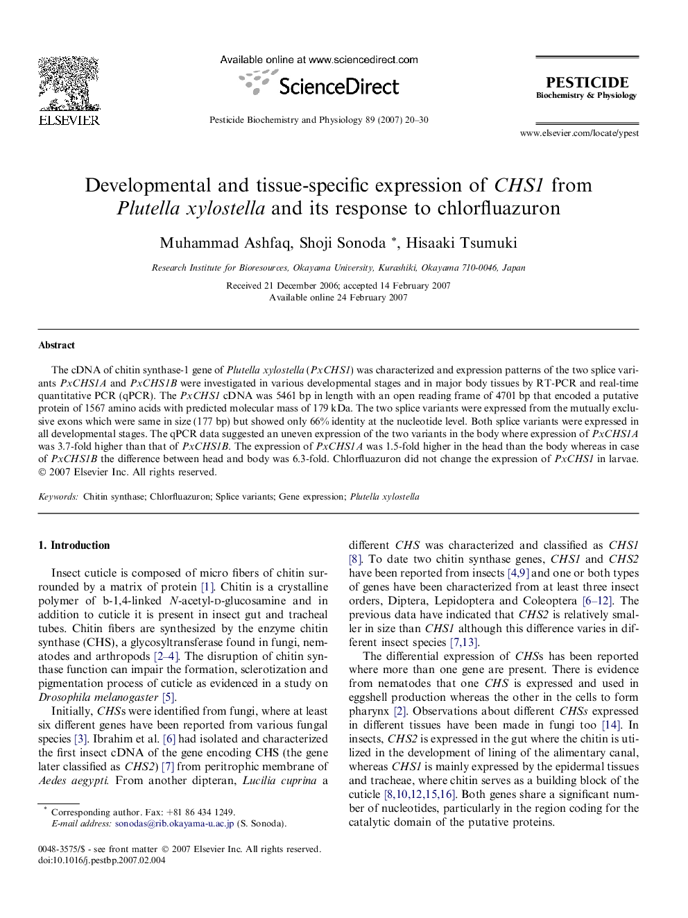 Developmental and tissue-specific expression of CHS1 from Plutella xylostella and its response to chlorfluazuron