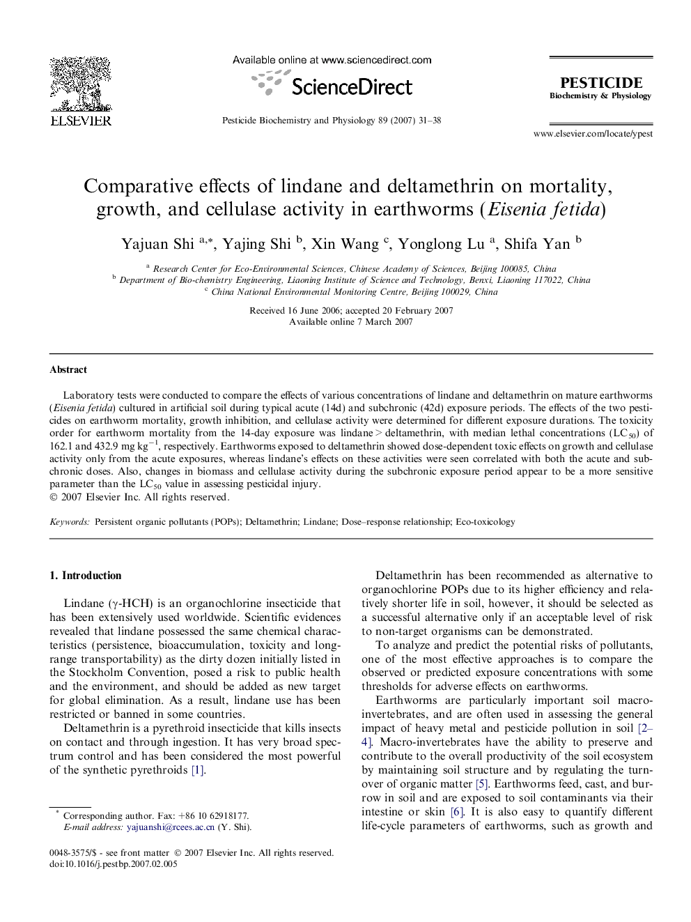 Comparative effects of lindane and deltamethrin on mortality, growth, and cellulase activity in earthworms (Eisenia fetida)