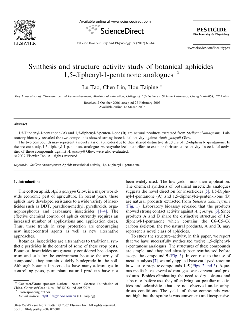 Synthesis and structure–activity study of botanical aphicides 1,5-diphenyl-1-pentanone analogues 