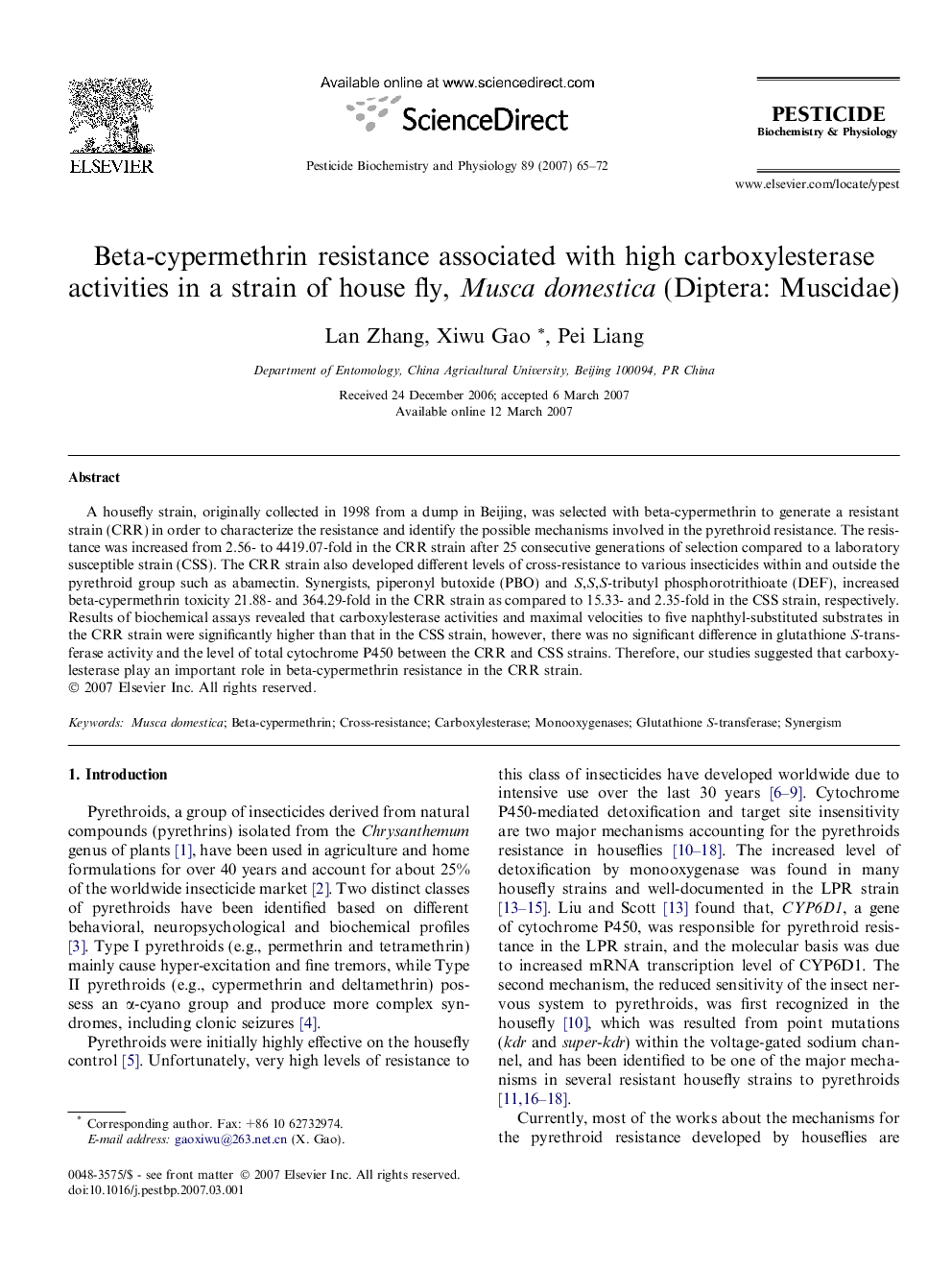 Beta-cypermethrin resistance associated with high carboxylesterase activities in a strain of house fly, Musca domestica (Diptera: Muscidae)