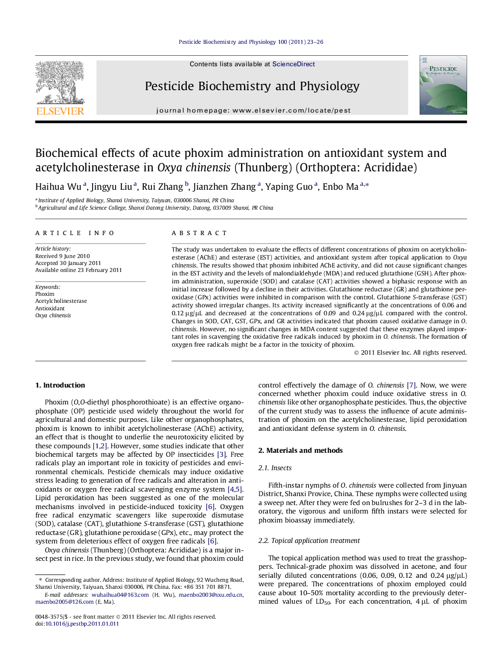 Biochemical effects of acute phoxim administration on antioxidant system and acetylcholinesterase in Oxya chinensis (Thunberg) (Orthoptera: Acrididae)