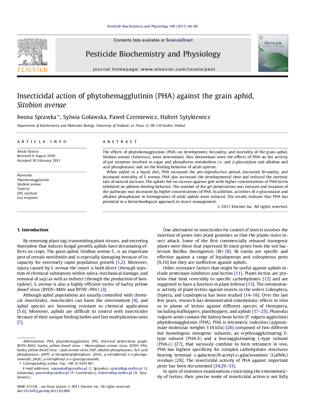 Insecticidal action of phytohemagglutinin (PHA) against the grain aphid, Sitobion avenae