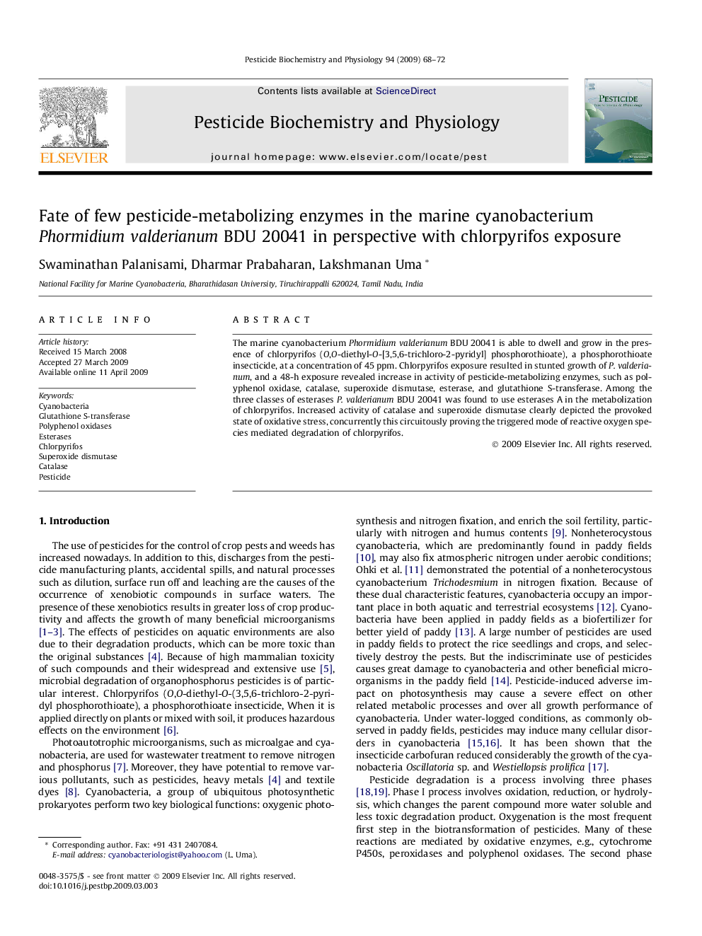 Fate of few pesticide-metabolizing enzymes in the marine cyanobacterium Phormidium valderianum BDU 20041 in perspective with chlorpyrifos exposure