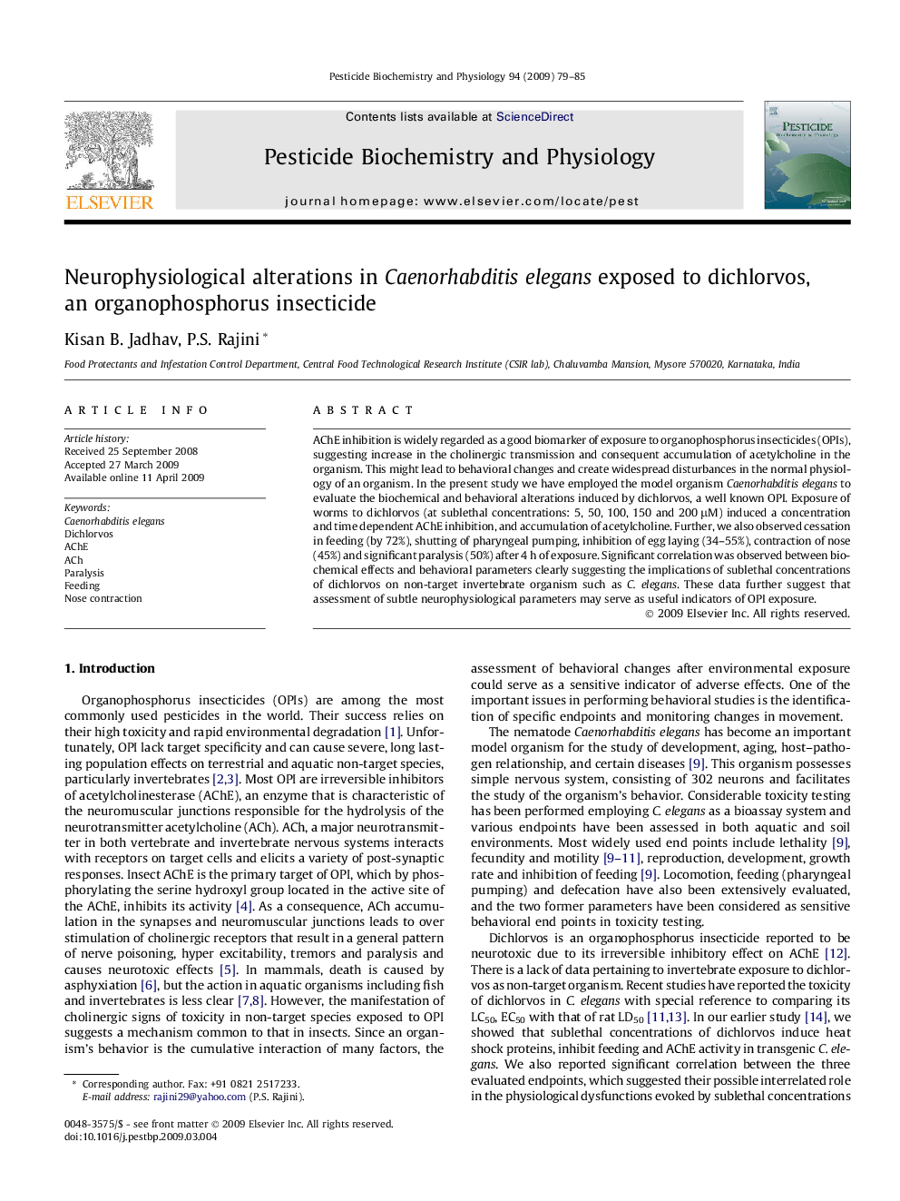 Neurophysiological alterations in Caenorhabditis elegans exposed to dichlorvos, an organophosphorus insecticide