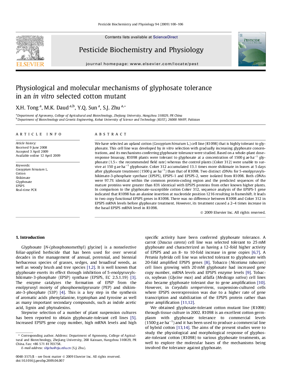 Physiological and molecular mechanisms of glyphosate tolerance in an in vitro selected cotton mutant