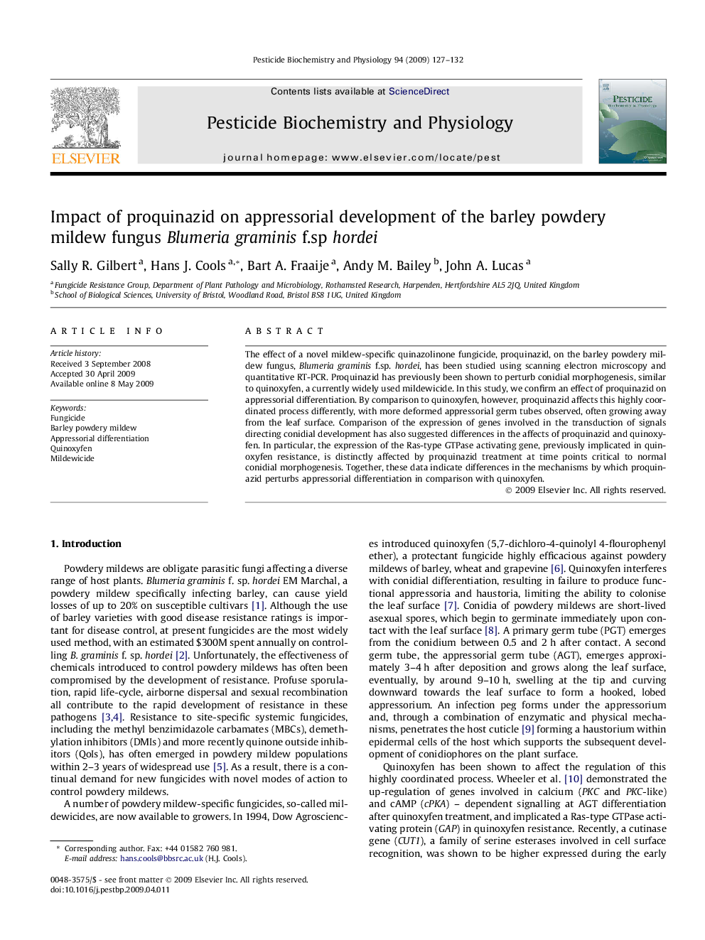 Impact of proquinazid on appressorial development of the barley powdery mildew fungus Blumeria graminis f.sp hordei