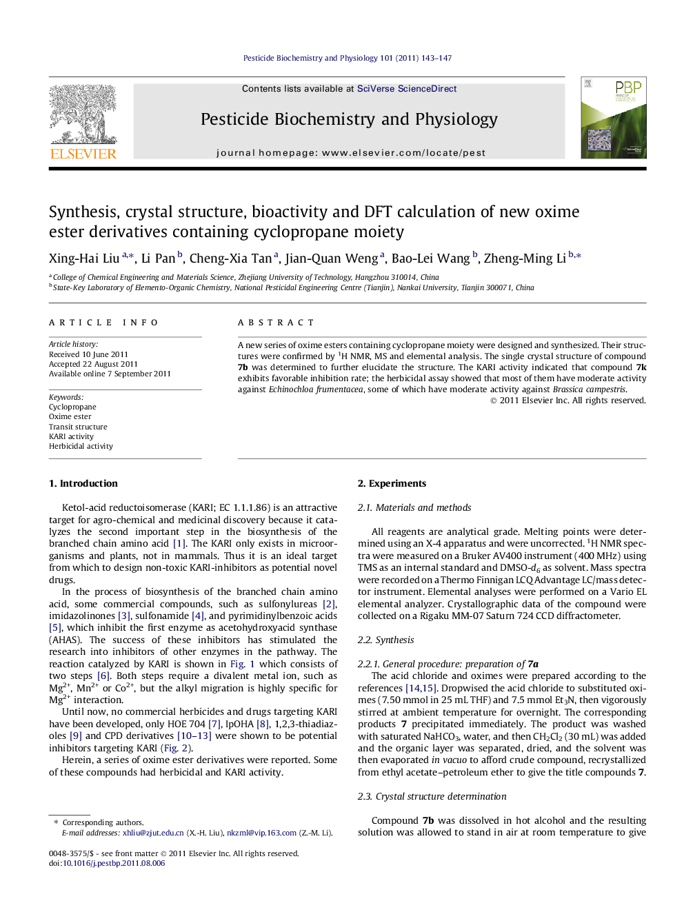 Synthesis, crystal structure, bioactivity and DFT calculation of new oxime ester derivatives containing cyclopropane moiety