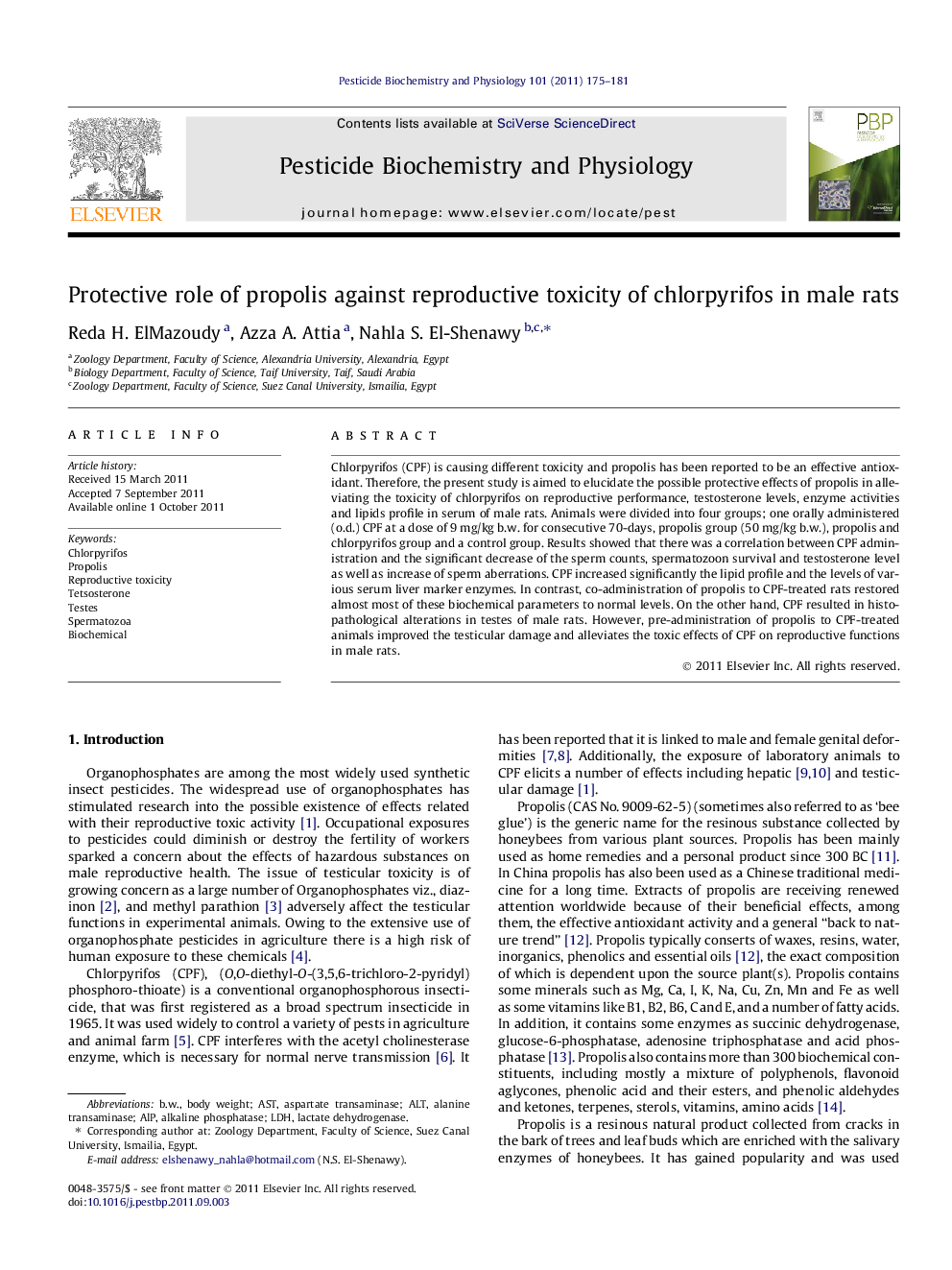 Protective role of propolis against reproductive toxicity of chlorpyrifos in male rats