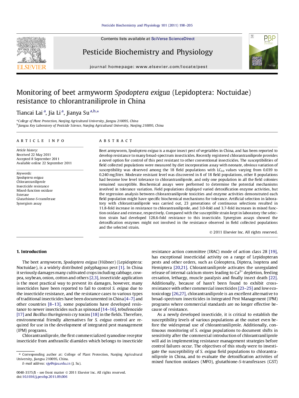 Monitoring of beet armyworm Spodoptera exigua (Lepidoptera: Noctuidae) resistance to chlorantraniliprole in China