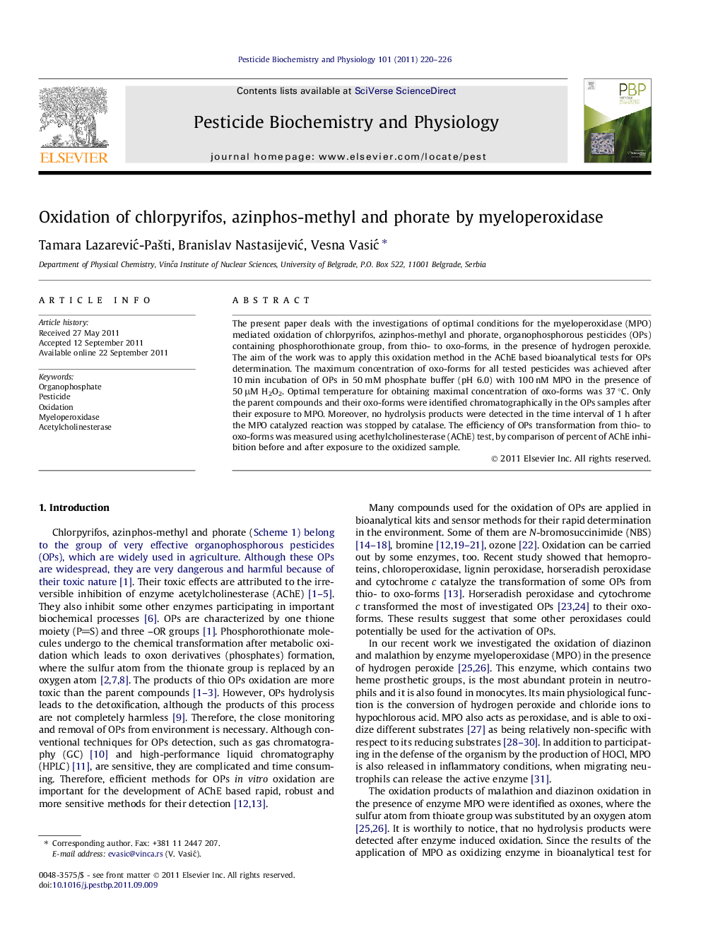 Oxidation of chlorpyrifos, azinphos-methyl and phorate by myeloperoxidase