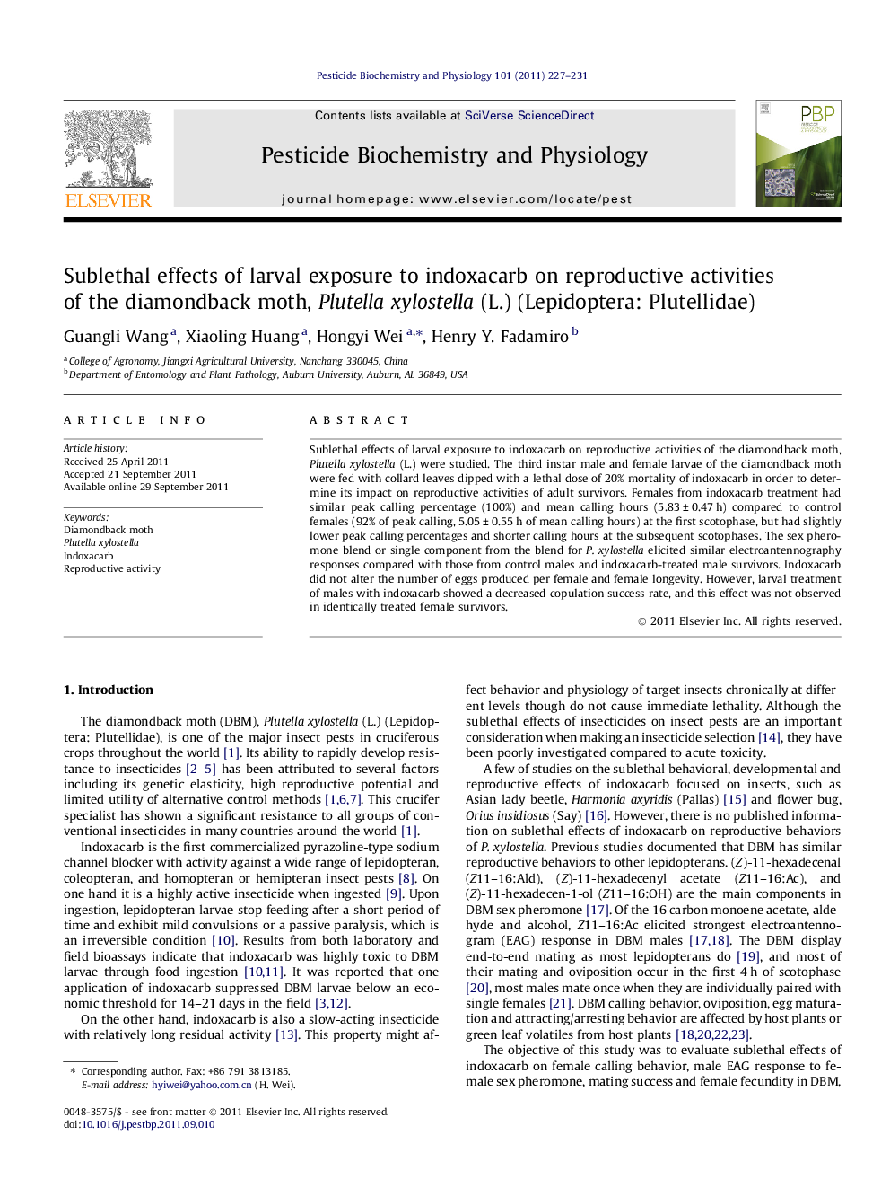 Sublethal effects of larval exposure to indoxacarb on reproductive activities of the diamondback moth, Plutella xylostella (L.) (Lepidoptera: Plutellidae)