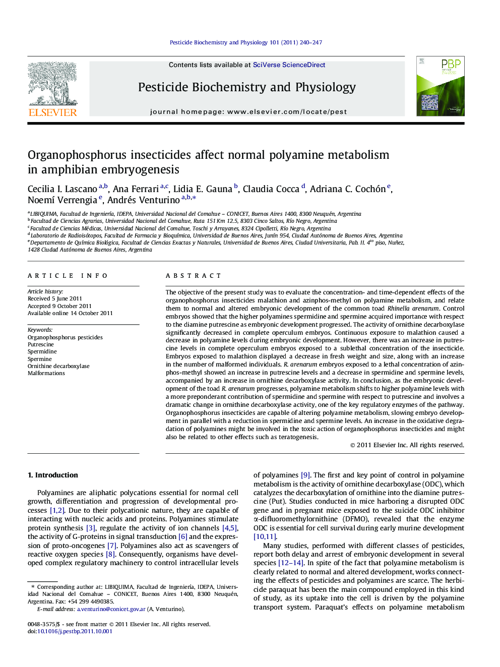 Organophosphorus insecticides affect normal polyamine metabolism in amphibian embryogenesis