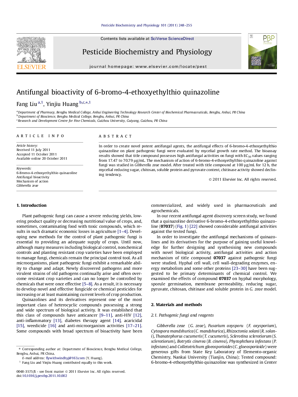 Antifungal bioactivity of 6-bromo-4-ethoxyethylthio quinazoline