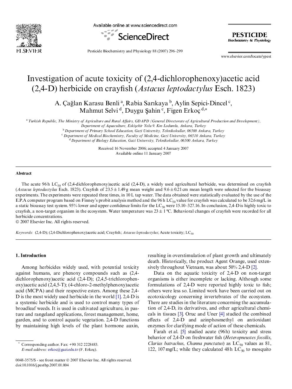 Investigation of acute toxicity of (2,4-dichlorophenoxy)acetic acid (2,4-D) herbicide on crayfish (Astacus leptodactylus Esch. 1823)