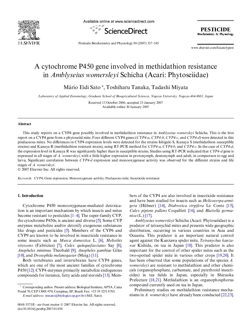 A cytochrome P450 gene involved in methidathion resistance in Amblyseius womersleyi Schicha (Acari: Phytoseiidae)