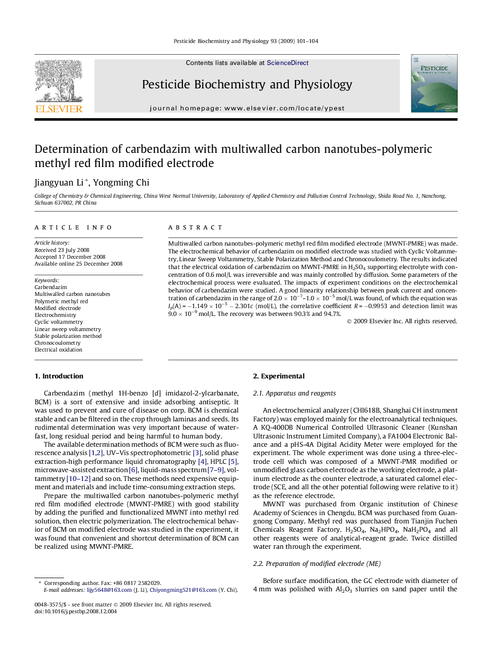 Determination of carbendazim with multiwalled carbon nanotubes-polymeric methyl red film modified electrode