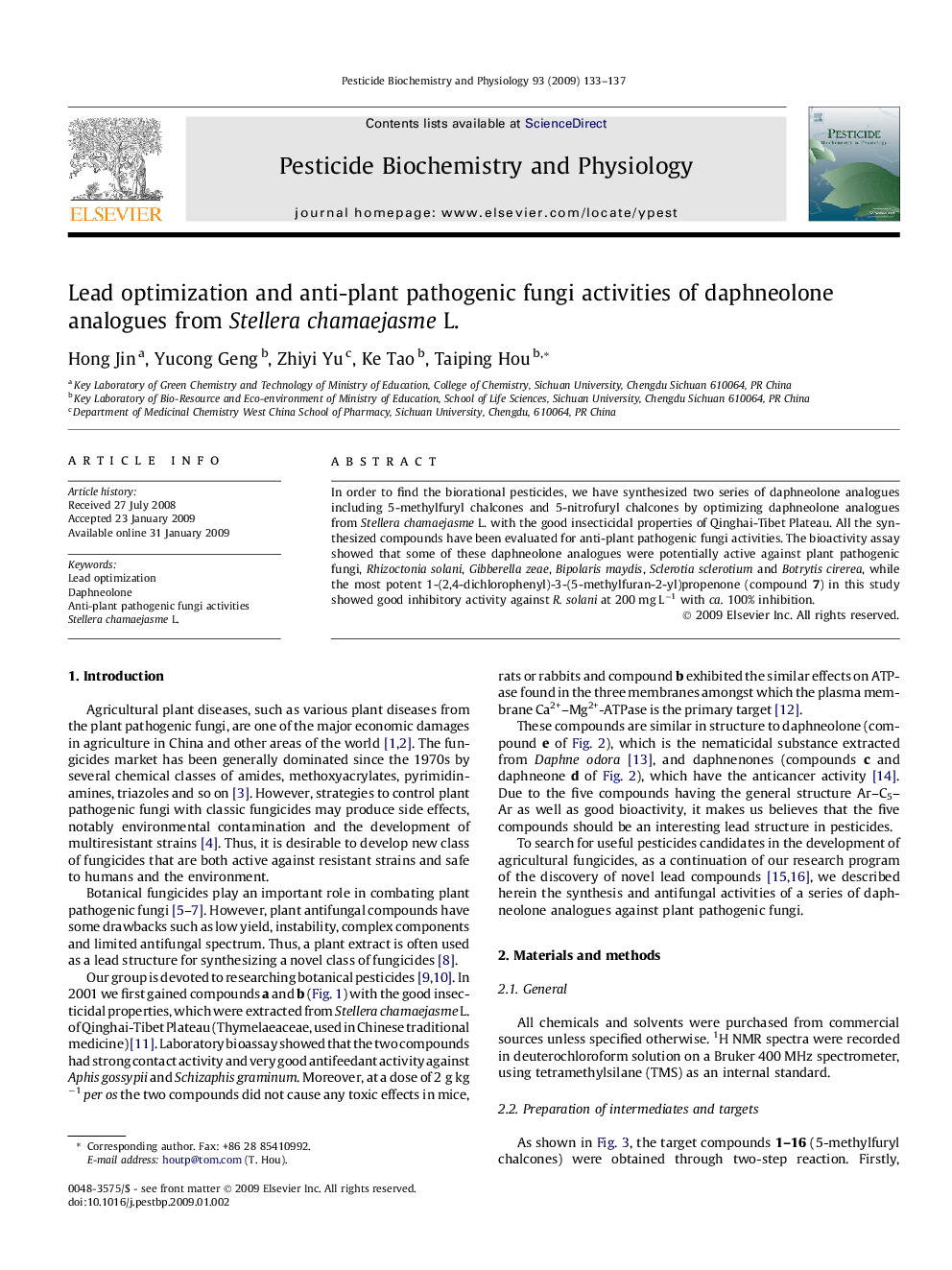 Lead optimization and anti-plant pathogenic fungi activities of daphneolone analogues from Stellera chamaejasme L.