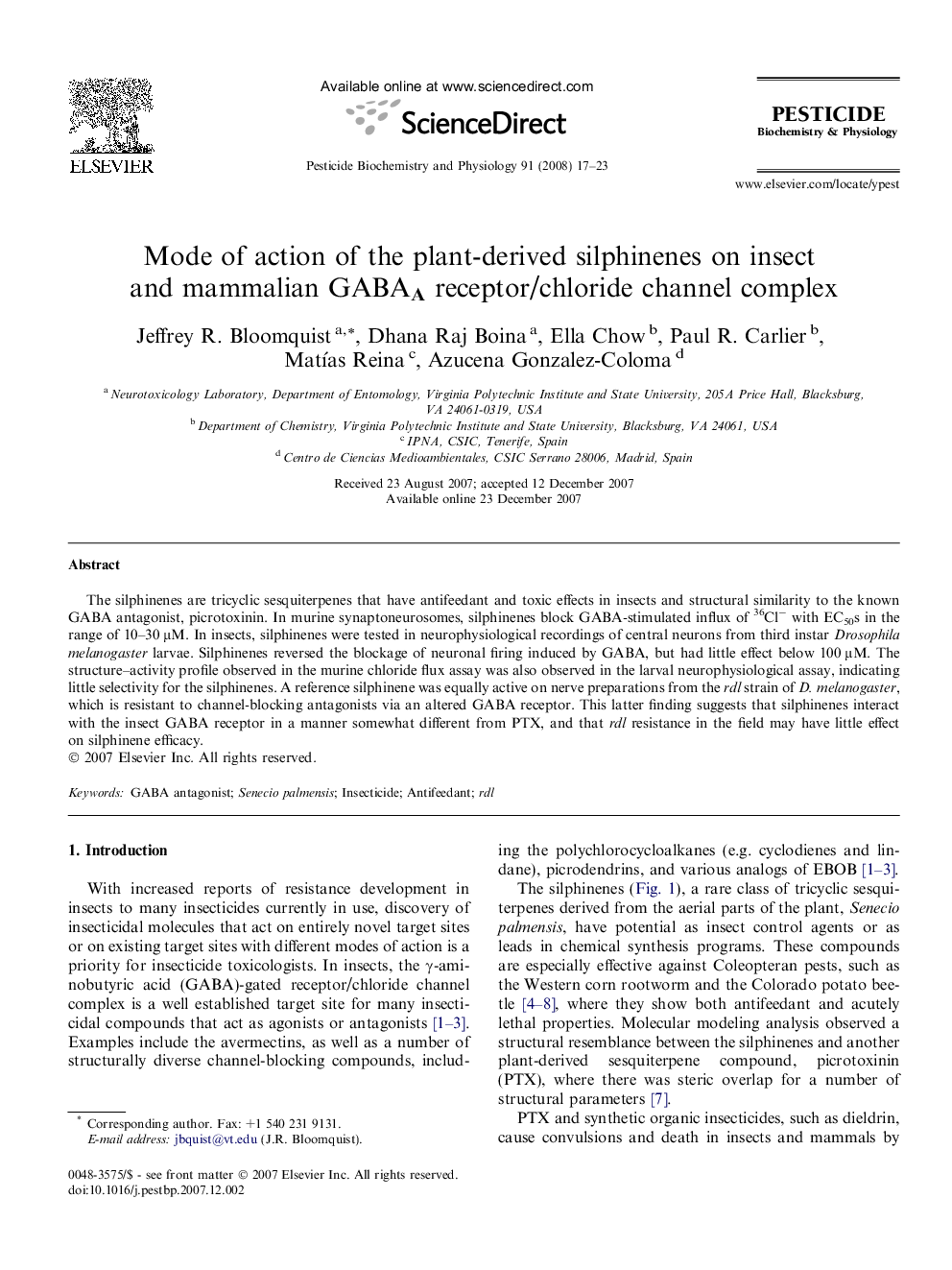 Mode of action of the plant-derived silphinenes on insect and mammalian GABAA receptor/chloride channel complex