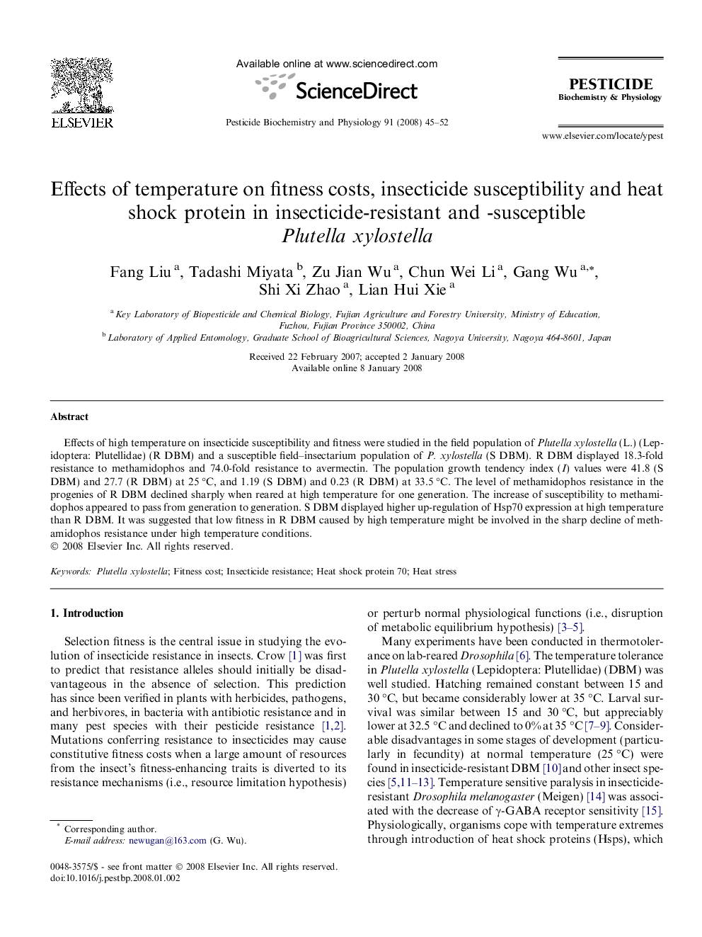 Effects of temperature on fitness costs, insecticide susceptibility and heat shock protein in insecticide-resistant and -susceptible Plutella xylostella