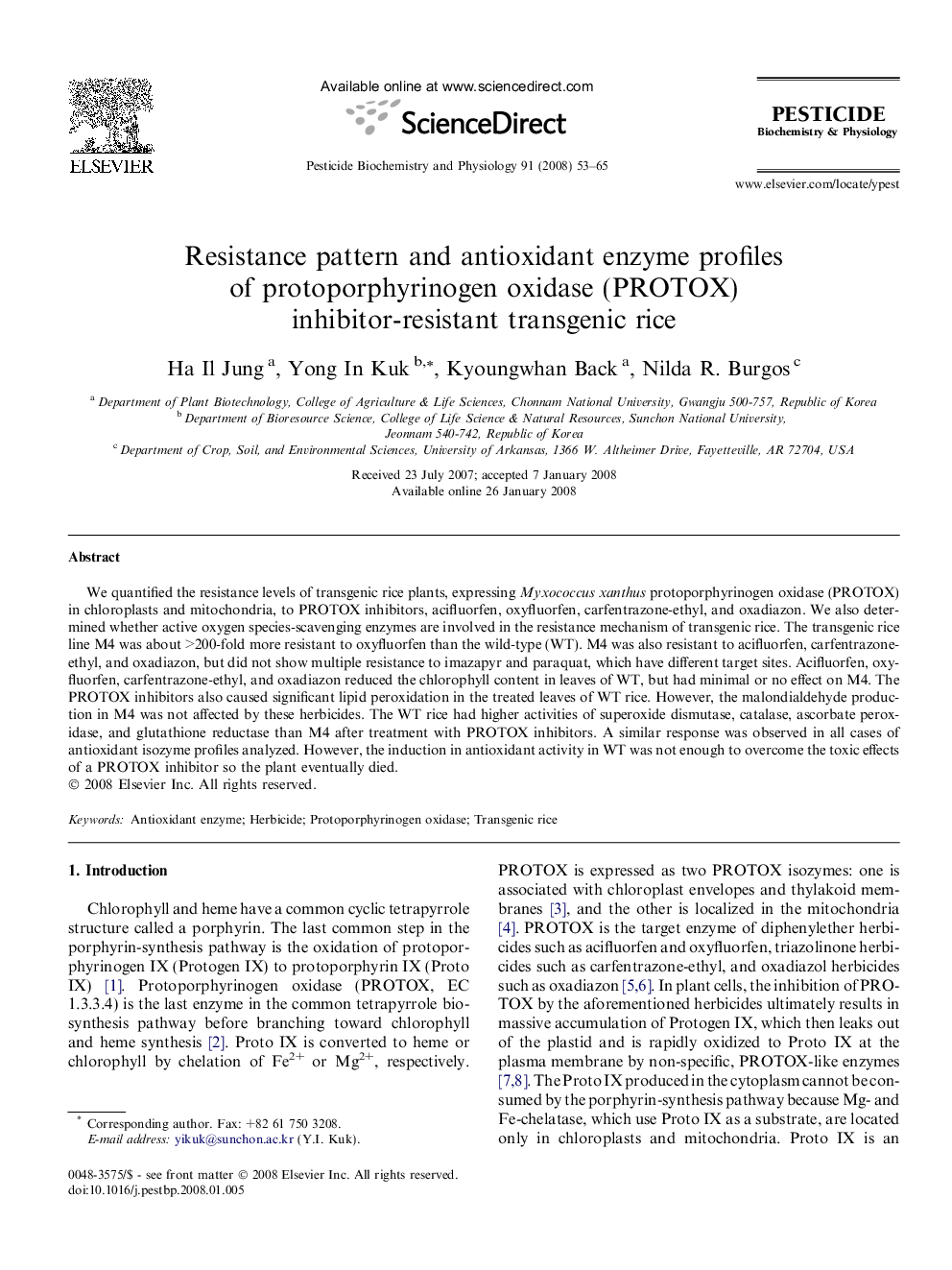 Resistance pattern and antioxidant enzyme profiles of protoporphyrinogen oxidase (PROTOX) inhibitor-resistant transgenic rice